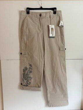 Style & Co Beige Cargo Convertible Embroidered Lower Leg Below Waist Pants Sz 8